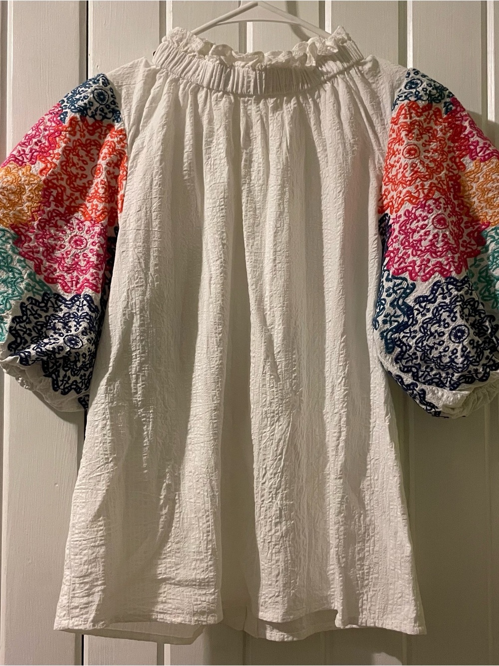THML White Peasant Blouse with Multicolor Embroidered Puff Sleeves - Picture 2 of 10